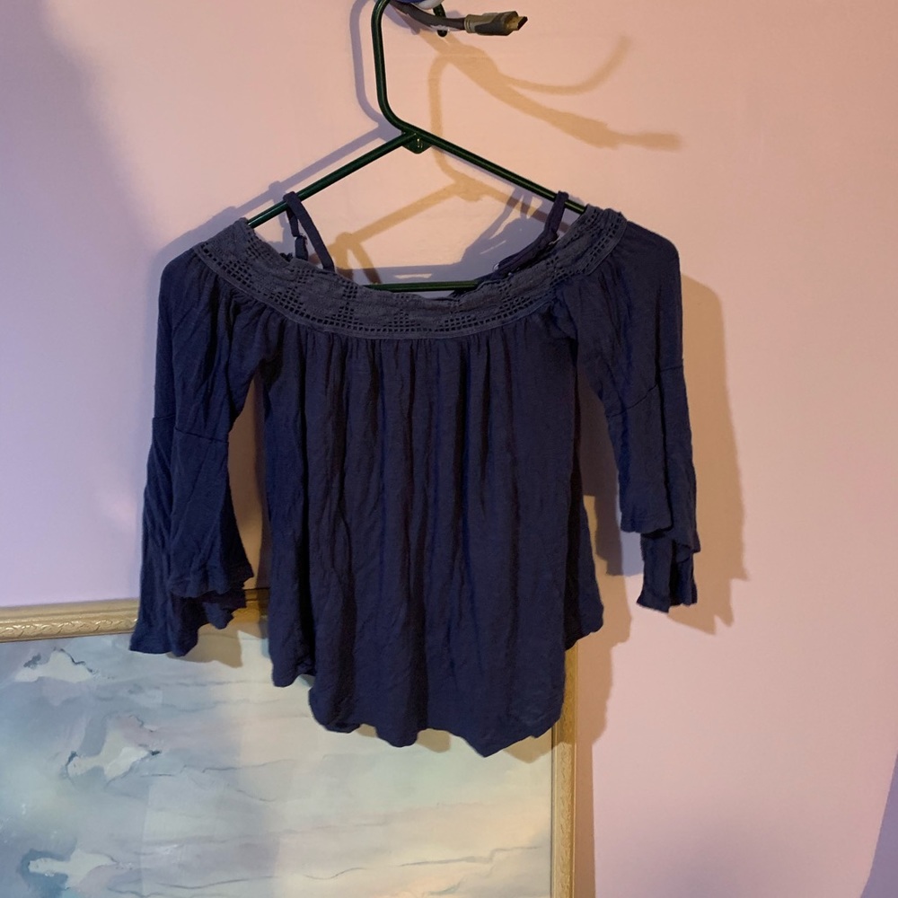 Blue off the shoulder loose long sleeve